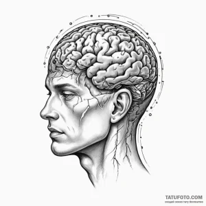 Human head with exposed holographic brain — эскиз тату (№1749233516_1, 06.06.2025 18:11) — Tatufoto.com