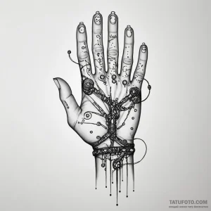 A hand with glowing circuit tattoos — эскиз тату (№1749233589_1, 06.06.2025 18:13) — Tatufoto.com