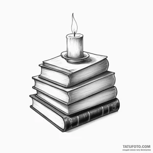 A stack of old books with a lit candle on top — эскиз тату (№1749249736_1, 06.06.2025 22:42) — Tatufoto.com