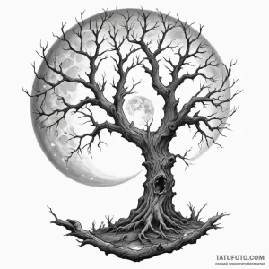 A gnarled, dead tree against a full moon — эскиз тату (№1749250685_0, 06.06.2025 22:58) — Tatufoto.com
