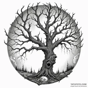 A gnarled, dead tree against a full moon — эскиз тату (№1749250685_1, 06.06.2025 22:58) — Tatufoto.com