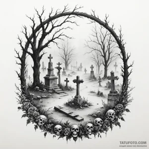 A graveyard scene with fog — эскиз тату (№1749250756_0, 06.06.2025 22:59) — Tatufoto.com