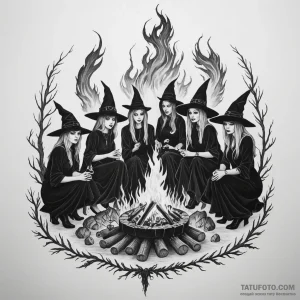 A coven of witches around a fire — эскиз тату (№1749251765_0, 06.06.2025 23:16) — Tatufoto.com