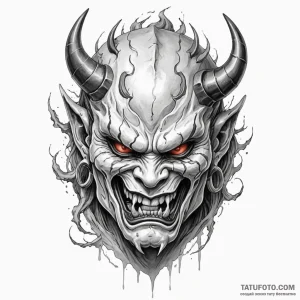 An oni mask cracking to reveal a human face — эскиз тату (№1749252876_0, 06.06.2025 23:34) — Tatufoto.com