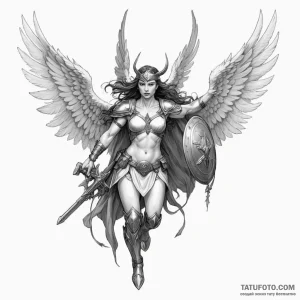 A valkyrie carrying a fallen soldier — эскиз тату (№1749253076_0, 06.06.2025 23:37) — Tatufoto.com
