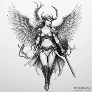 A valkyrie carrying a fallen soldier — эскиз тату (№1749253076_1, 06.06.2025 23:37) — Tatufoto.com