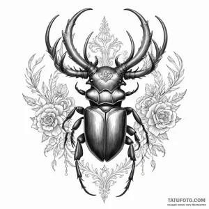 A stag beetle with ornate horns — эскиз тату (№1749254748_0, 07.06.2025 00:05) — Tatufoto.com
