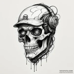 A skull with a glowing cyberpunk visor, ink i… — эскиз тату (№1749267897_0, 07.06.2025 03:44) — Tatufoto.com
