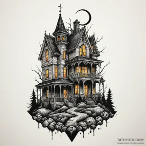 A haunted house silhouette, tattoo line art,… — эскиз тату (№1749273084_0, 07.06.2025 05:11) — Tatufoto.com