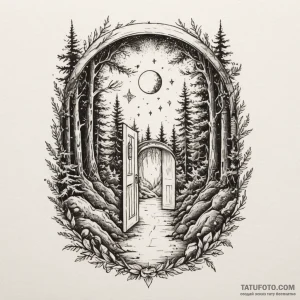 An open door in the middle of a forest leadin… — эскиз тату (№1749274520_0, 07.06.2025 05:35) — Tatufoto.com