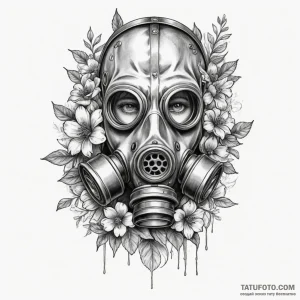 Gas mask with flowers growing from it, ink il… — эскиз тату (№1749279128_1, 07.06.2025 06:52) — Tatufoto.com