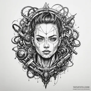 наука, технологии и киберпанк, ink illustrati… — эскиз тату (№1749281950_0, 07.06.2025 07:39) — Tatufoto.com