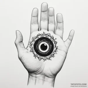 A hand holding a miniature black hole, tattoo… — эскиз тату (№1749283429_0, 07.06.2025 08:03) — Tatufoto.com