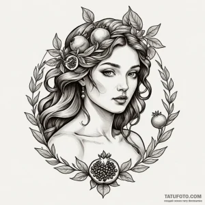 Persephone with a pomegranate, ink illustrati… — эскиз тату (№1749285410_0, 07.06.2025 08:36) — Tatufoto.com