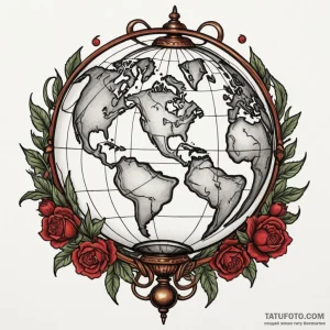 An antique globe, tattoo line art, black and… — эскиз тату (№1749288913_1, 07.06.2025 09:35) — Tatufoto.com