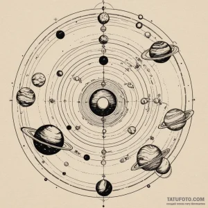 Solar system model (orrery), ink illustration… — эскиз тату (№1749290466_0, 07.06.2025 10:01) — Tatufoto.com