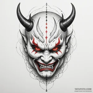 An oni mask cracking to reveal a human face,… — эскиз тату (№1749301234_1, 07.06.2025 13:00) — Tatufoto.com