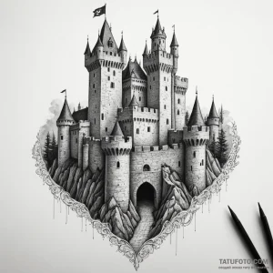 Medieval castle siege, ink illustration for t… — эскиз тату (№1749322591_0, 07.06.2025 18:56) — Tatufoto.com