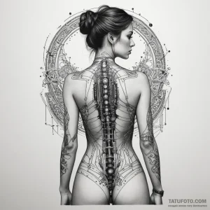 Circuit board pattern on a human back, artist… — эскиз тату (№1749334340_1, 07.06.2025 22:12) — Tatufoto.com