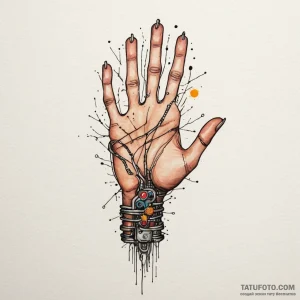 A hand with glowing circuit tattoos, concept… — эскиз тату (№1749340154_0, 07.06.2025 23:49) — Tatufoto.com