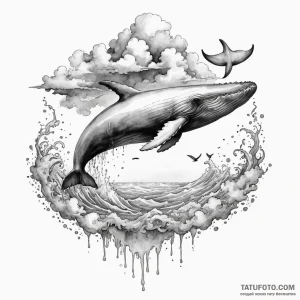 A whale swimming through clouds, tattoo drawi… — эскиз тату (№1749343411_0, 08.06.2025 00:43) — Tatufoto.com