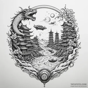 Dystopian city skyline with flying vehicles,… — эскиз тату (№1749347234_1, 08.06.2025 01:47) — Tatufoto.com