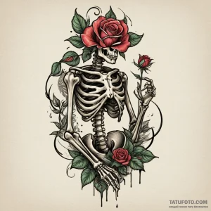 A skeleton watering a single living rose, con… — эскиз тату (№1749349550_0, 08.06.2025 02:25) — Tatufoto.com