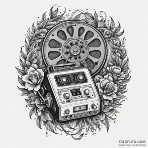 Reel-to-reel tape player, ink illustration fo… — эскиз тату (№1749349868_0, 08.06.2025 02:31) — Tatufoto.com
