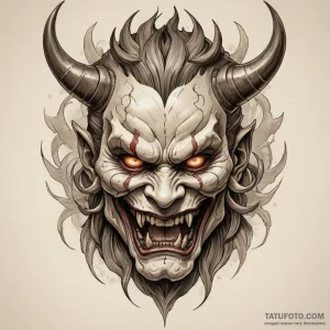 An oni mask cracking to reveal a human face,… — эскиз тату (№1749355214_1, 08.06.2025 04:00) — Tatufoto.com