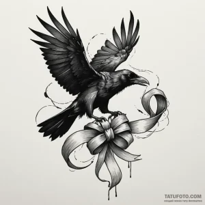 A raven unravelling into a ribbon of ink, ink… — эскиз тату (№1749360072_1, 08.06.2025 05:21) — Tatufoto.com
