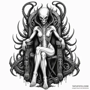 Xenomorph queen on a throne of twisted metal… — эскиз тату (№1749379230_0, 08.06.2025 10:40) — Tatufoto.com