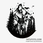Fox in the mountains — блэкворк, чёрно-белая — эскиз тату (№1749586302_0, 10.06.2025 20:11) — Tatufoto.com