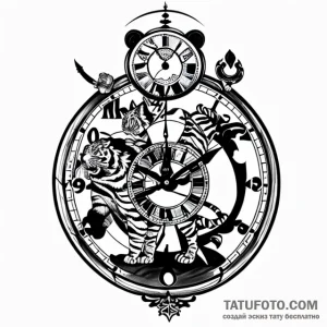 тигр, часы, знак зодиака, дата, время, имя, в... - чёрно-белая - эскиз тату (№1749694166_0, 12.06.2025 02:09) — Tatufoto.com