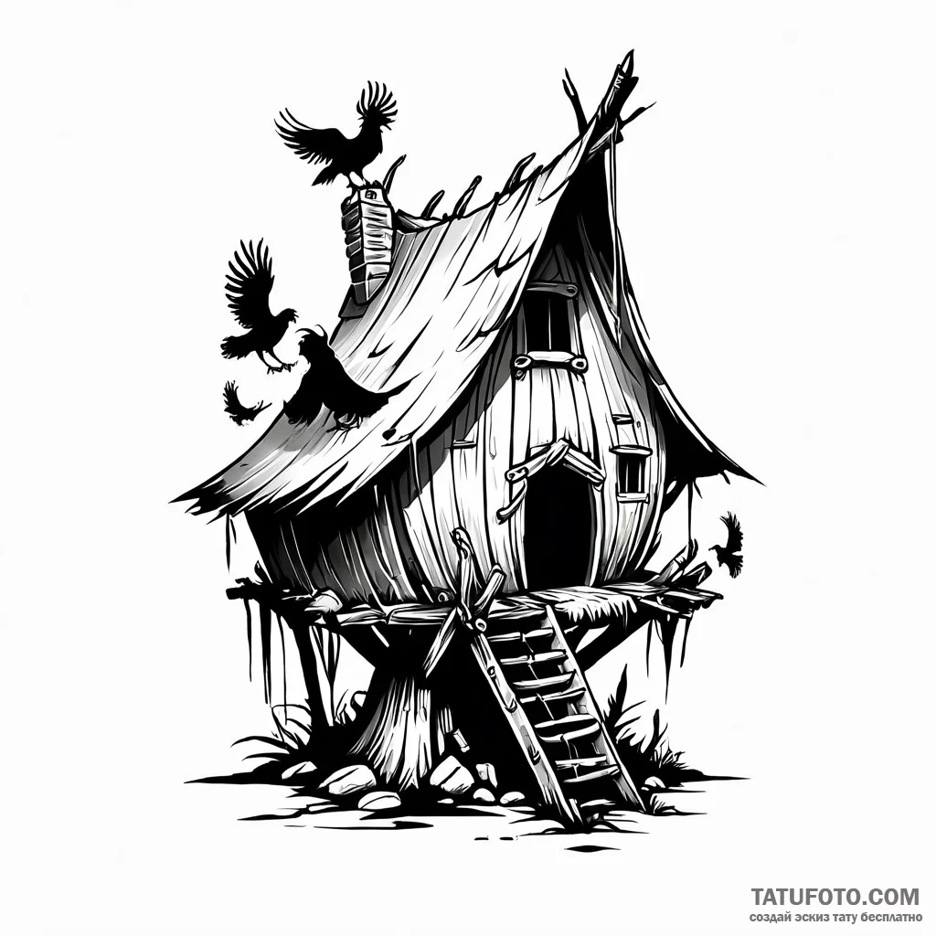 Baba yaga’s hut on chicken legs — эскиз тату (№1749769866_0, 12.06.2025 23:11) — Tatufoto.com
