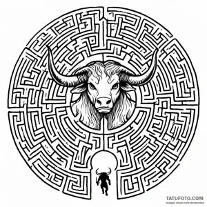 Minotaur in a labyrinth (the scene) - эскиз тату (№1749772109_0, 12.06.2025 23:48) — Tatufoto.com