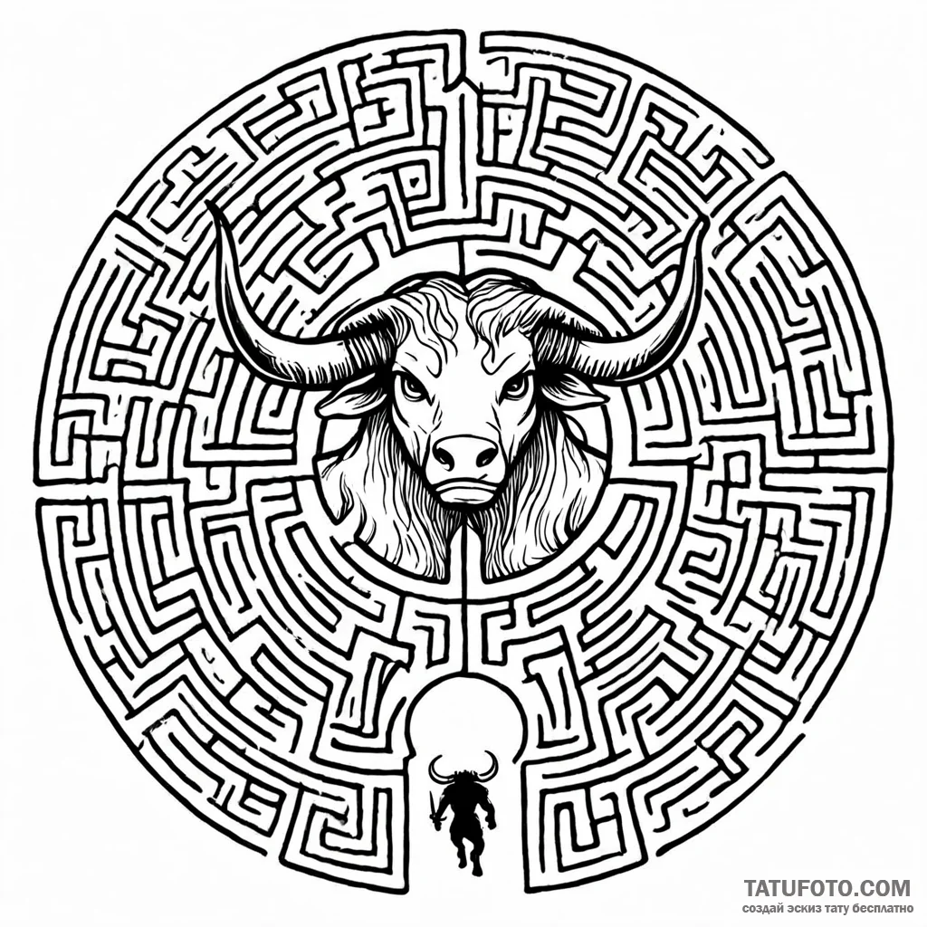 Minotaur in a labyrinth (the scene) — эскиз тату (№1749772109_0, 12.06.2025 23:48) — Tatufoto.com