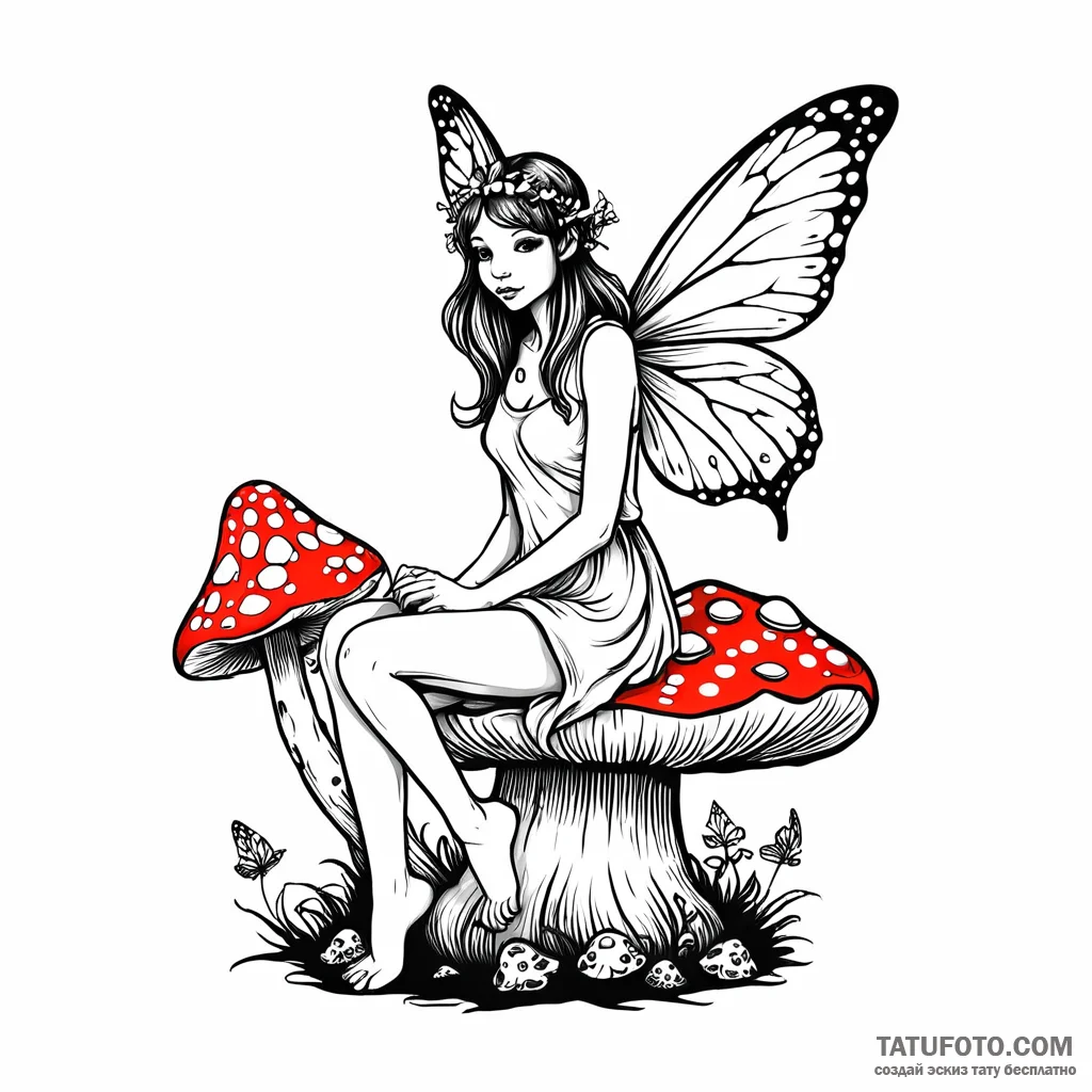 Fairy sitting on a mushroom — эскиз тату (№1749772384_0, 12.06.2025 23:53) — Tatufoto.com