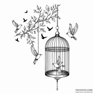 Open birdcage with birds flying out - эскиз тату (№1749777211_0, 13.06.2025 01:13) — Tatufoto.com
