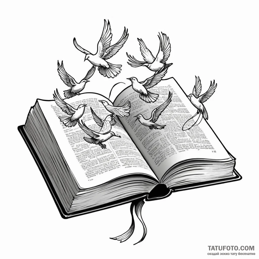 A book with pages turning into birds — эскиз тату (№1749778625_0, 13.06.2025 01:37) — Tatufoto.com