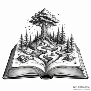 An open book with a fantasy world growing out... - эскиз тату (№1749778691_0, 13.06.2025 01:38) — Tatufoto.com