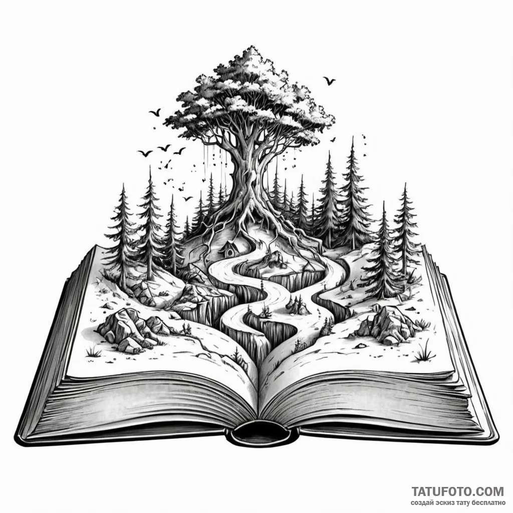 An open book with a fantasy world growing out… — эскиз тату (№1749778691_0, 13.06.2025 01:38) — Tatufoto.com