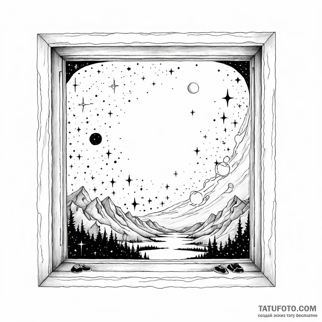 A window looking out onto a galaxy - эскиз тату (№1749779201_0, 13.06.2025 01:46) — Tatufoto.com