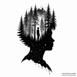 A human silhouette filled with a forest/galax... - эскиз тату (№1749779331_0, 13.06.2025 01:48) — Tatufoto.com