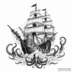 Pirate ship fighting a kraken - эскиз тату (№1749782769_0, 13.06.2025 02:46) — Tatufoto.com
