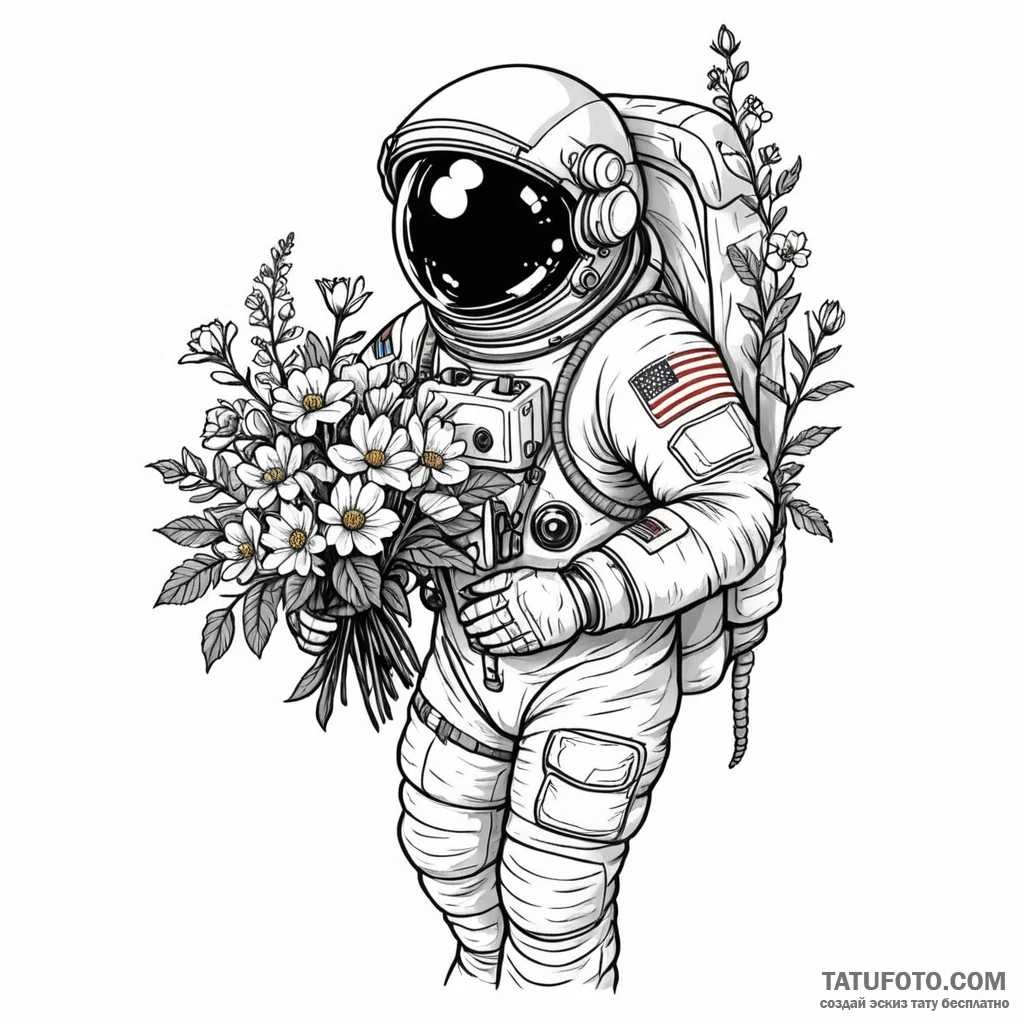 Astronaut holding a bouquet of flowers — эскиз тату (№1749783189_0, 13.06.2025 02:53) — Tatufoto.com