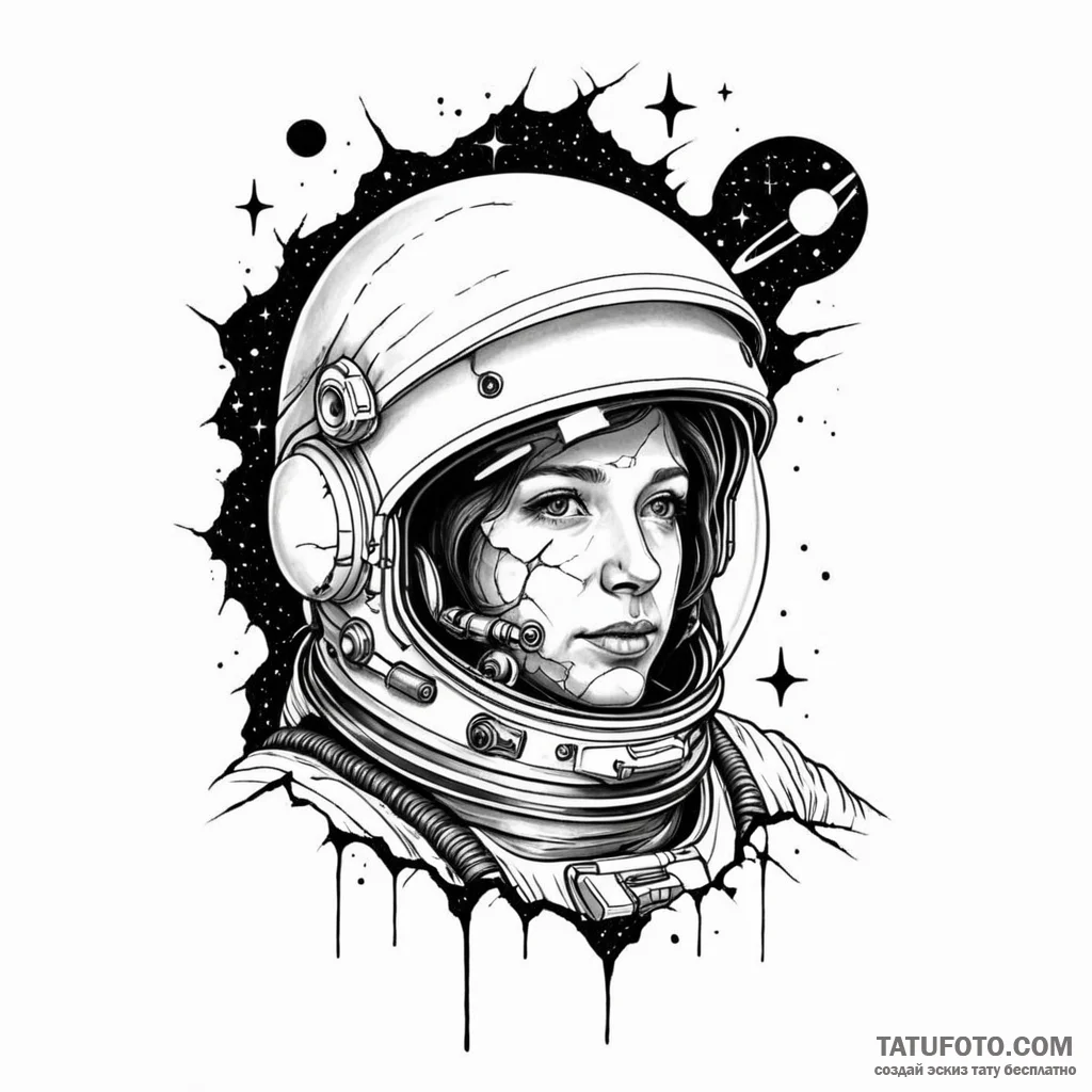 Astronaut with a cracked helmet revealing a g… — эскиз тату (№1749783255_0, 13.06.2025 02:54) — Tatufoto.com