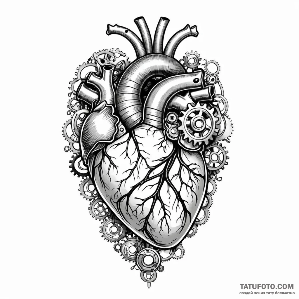 Anatomical heart with mechanical gears inside - эскиз тату (№1749783386_0, 13.06.2025 02:56) — Tatufoto.com