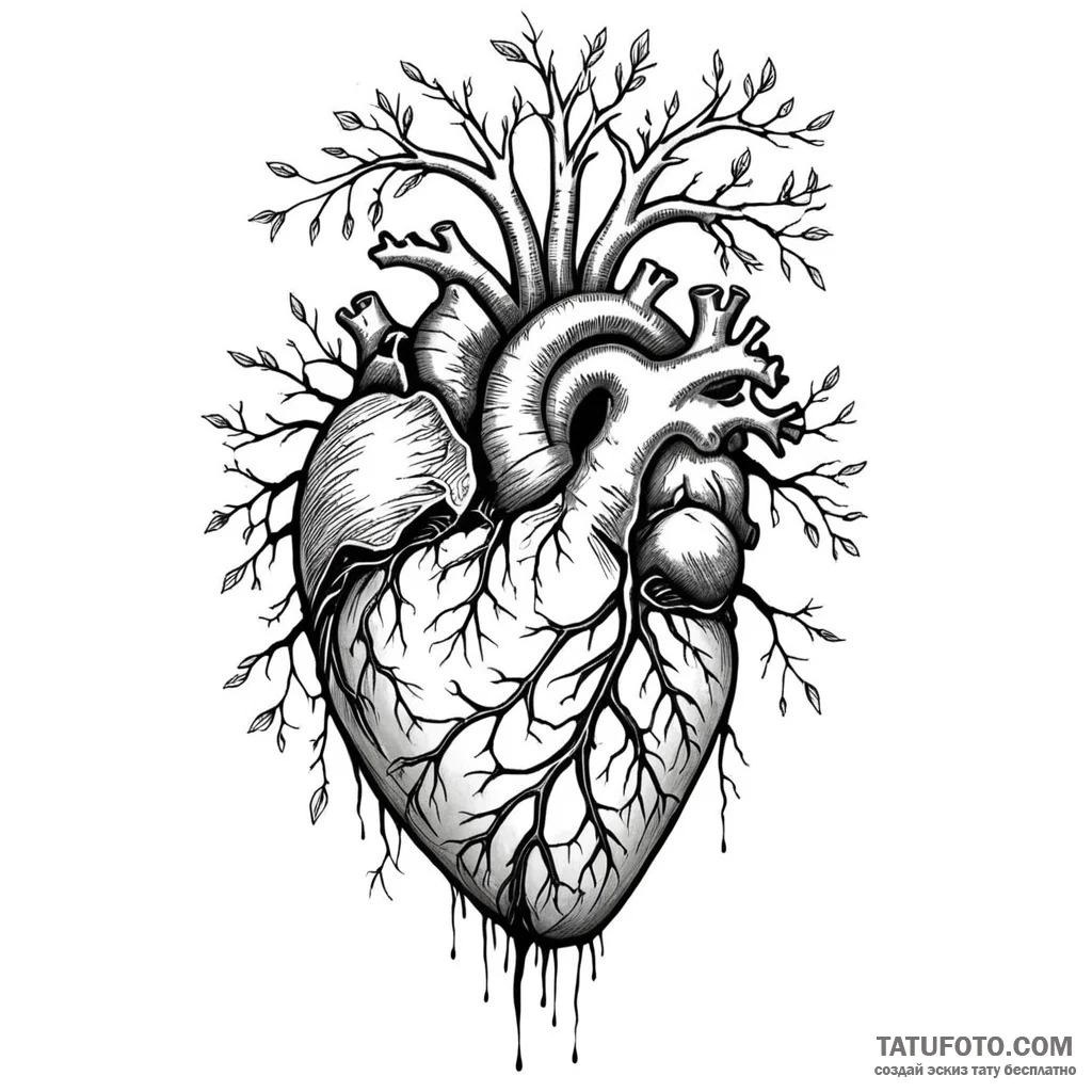 Anatomical heart with roots growing into the... - эскиз тату (№1749783516_0, 13.06.2025 02:58) — Tatufoto.com