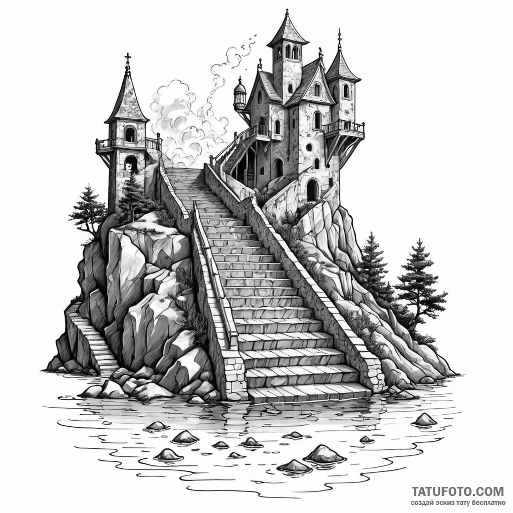 Stairway leading to a submerged city - эскиз тату (№1749783581_0, 13.06.2025 02:59) — Tatufoto.com