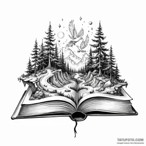 A book with a fantasy world growing from its... - эскиз тату (№1749783985_0, 13.06.2025 03:06) — Tatufoto.com